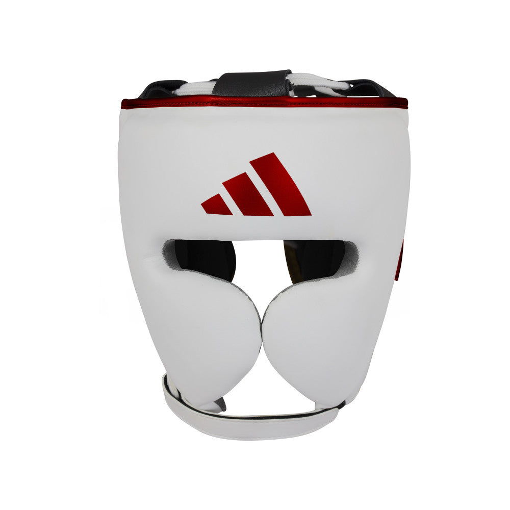Casque de boxe adidas Pro blanc et rouge, cuir de vache et fermeture à lacets