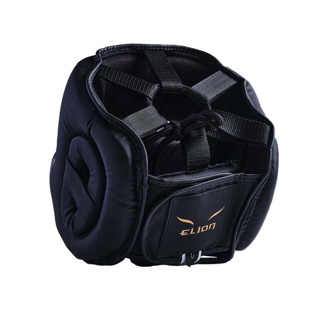 Casque à barre Elion Extravagant noir et or en cuir synthétique avec protection faciale et mentonnière pour sparring intensif