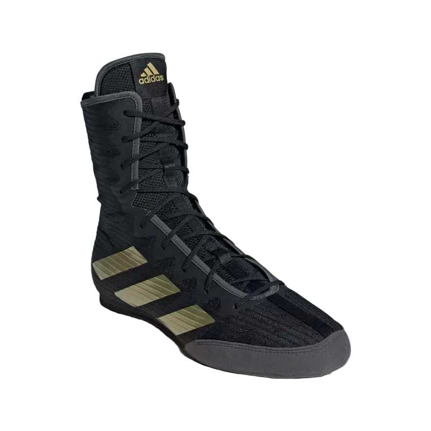 Chaussures de Boxe Anglaise Adidas Box Hog IV noires et or à tige haute pour maintien et performance