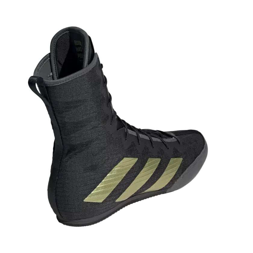 Chaussures de Boxe Anglaise Adidas Box Hog IV noir et or avec maintien cheville et semelle adhérente