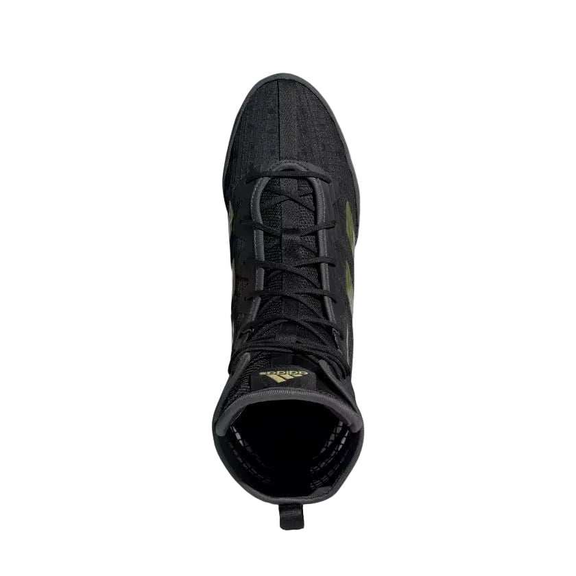 Chaussures de boxe anglaise Adidas Box Hog IV noir et or avec tige haute pour maintien et légèreté