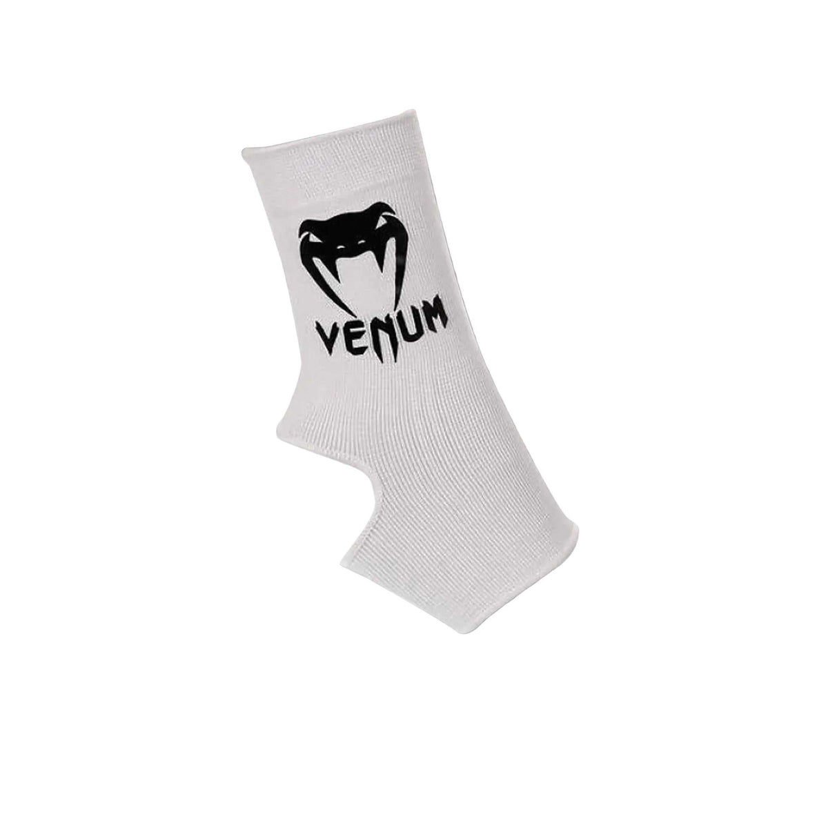 Chevillères Venum blanches en coton élastique, avec logo noir et ouverture sous le pied pour un maintien souple.