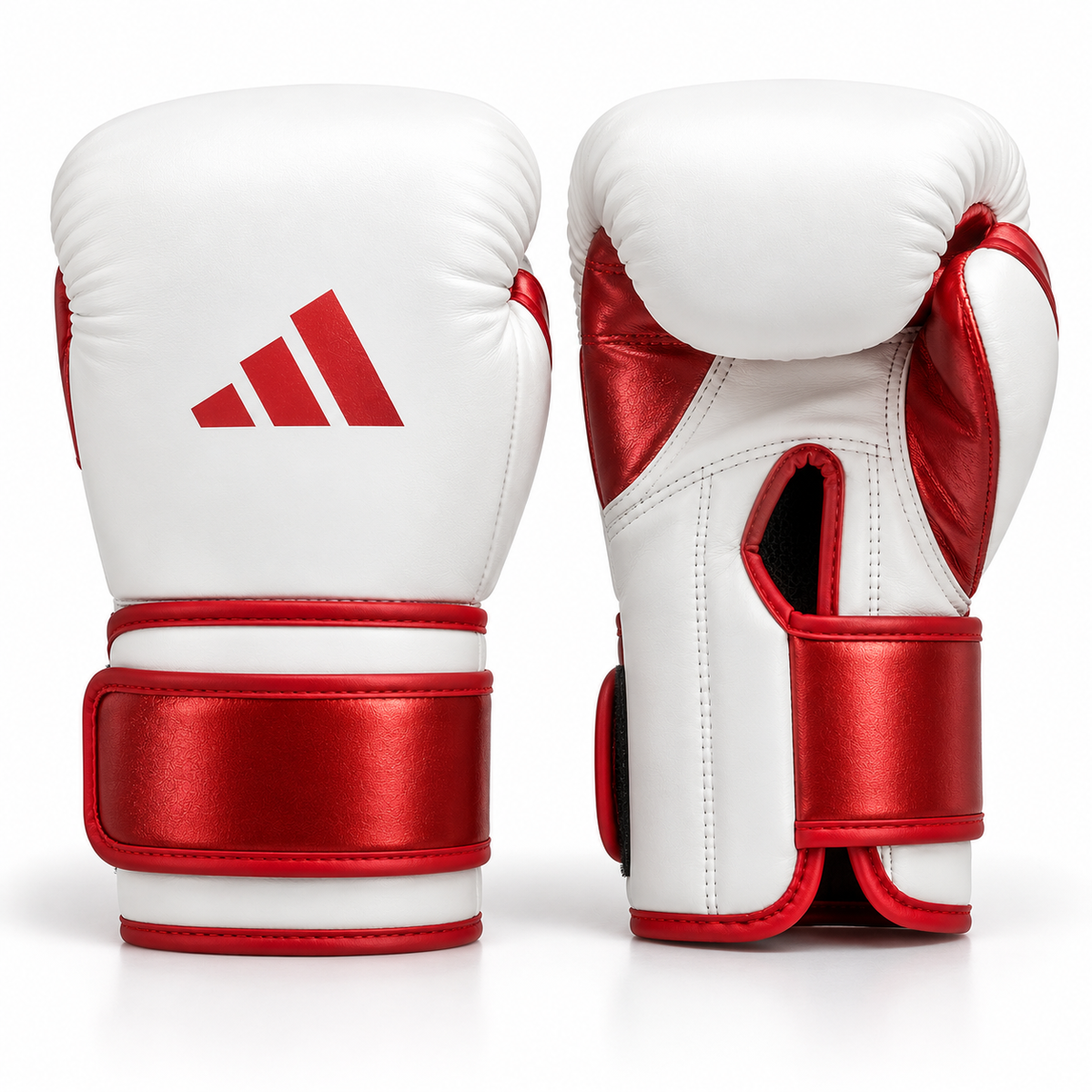 Gants de boxe adidas Speed 501 Strap Up blanc et rouge, fermeture velcro et logo trois bandes rouge