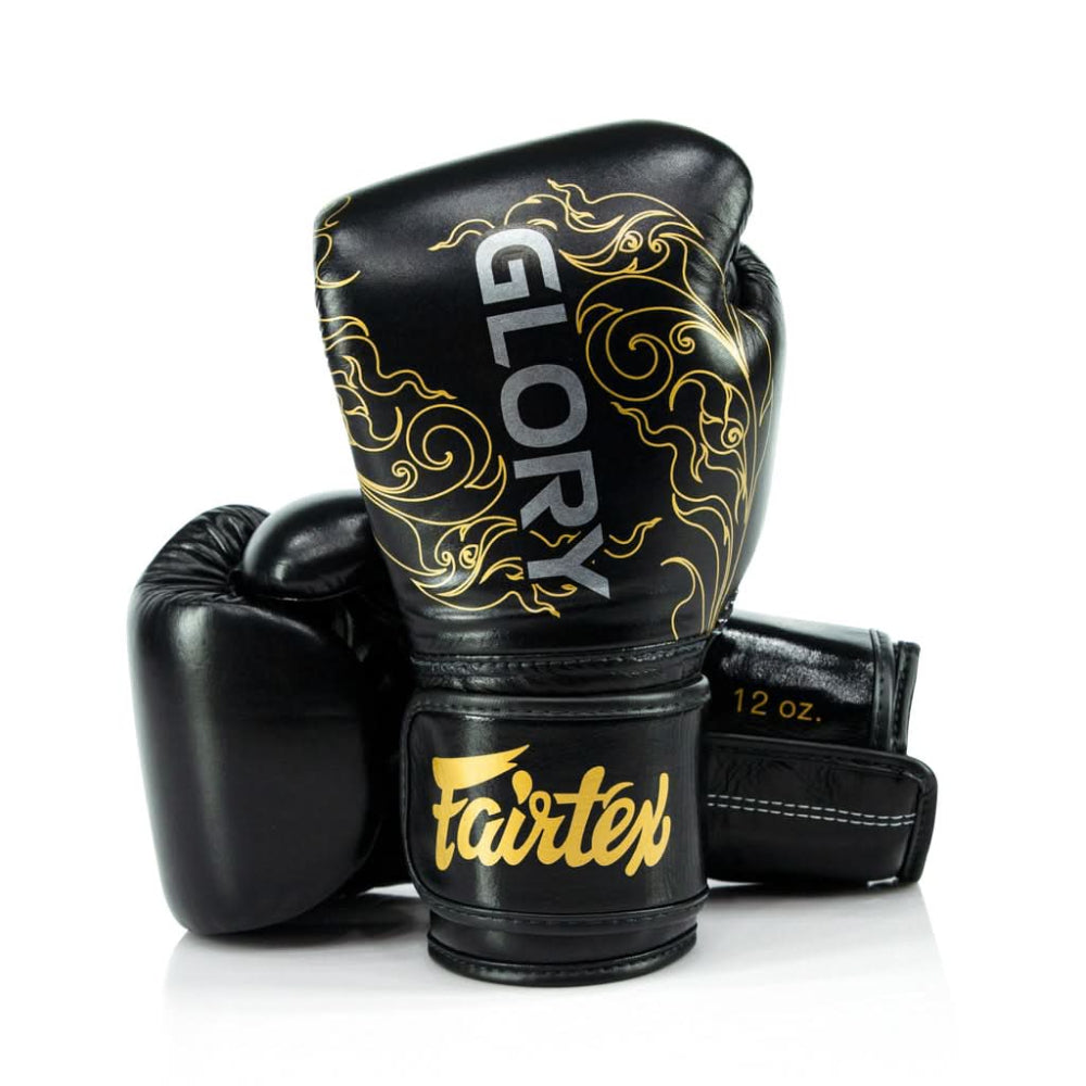 Gants de boxe Fairtex x GLORY noirs et or en cuir pour compétition et entraînement