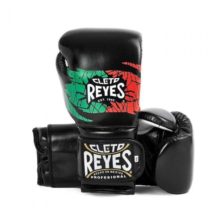 Gants de boxe Cleto Reyes Pro noir, drapeau mexicain sur le cuir