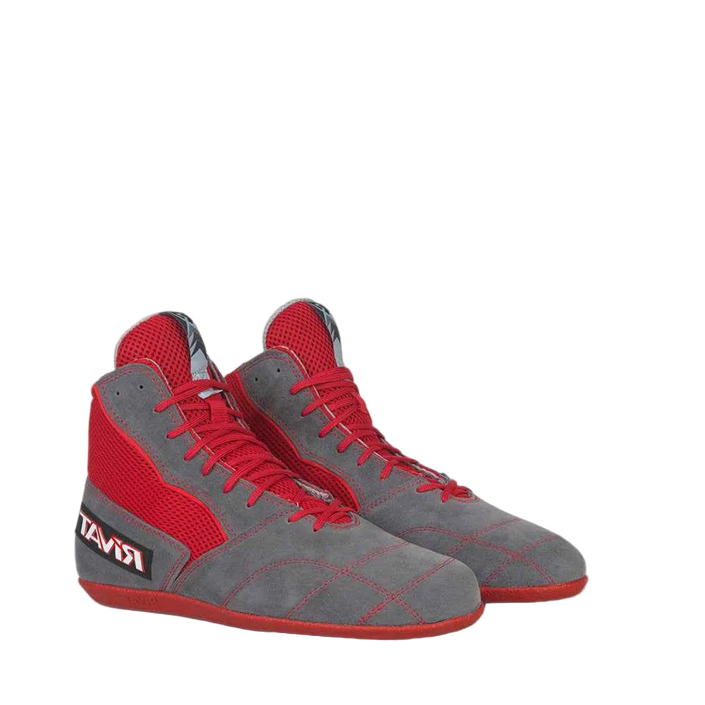 Chaussures de boxe française Rivat Boomerang rouge et gris, la paire