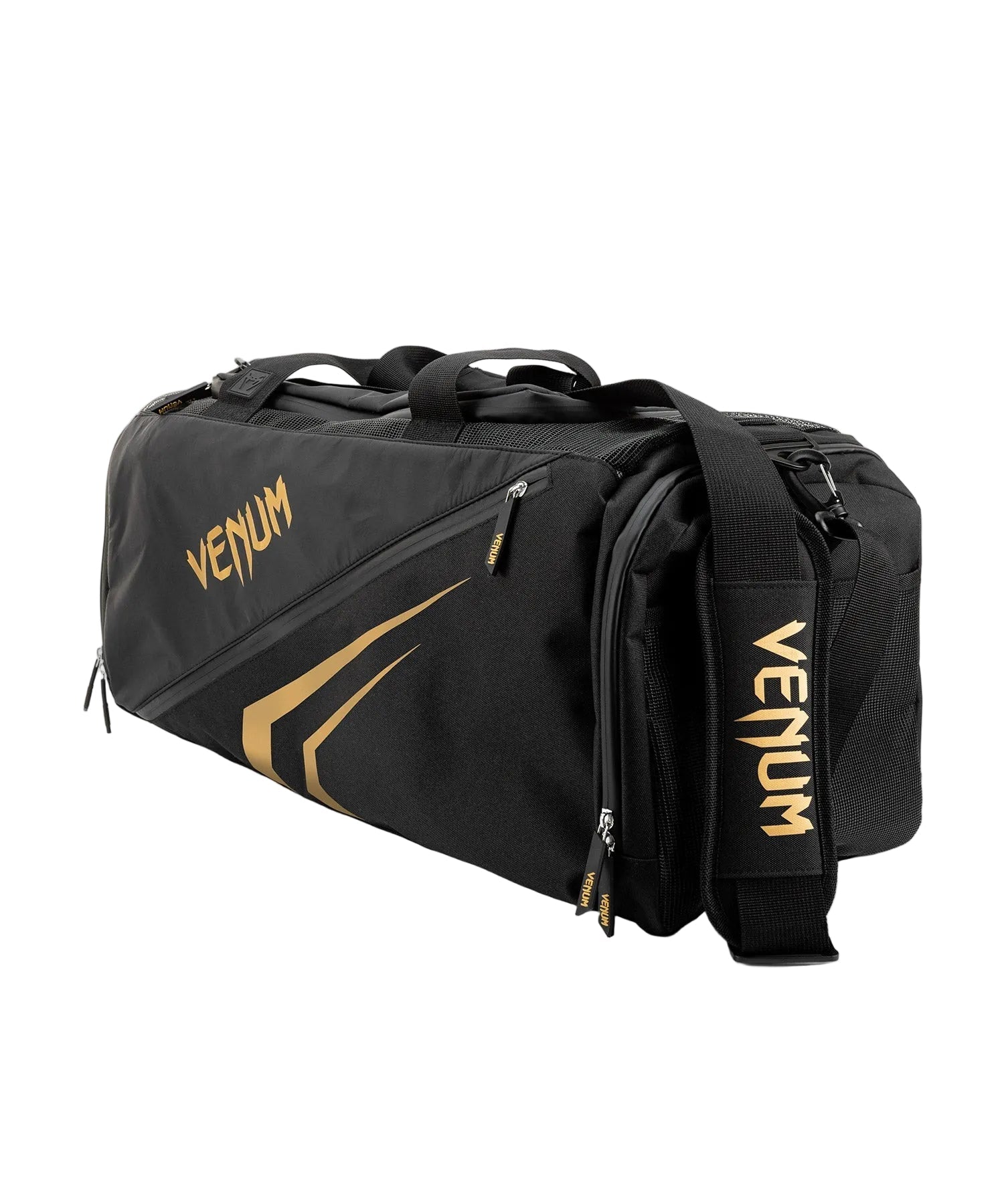 Sac de sport Venum Trainer Lite EVO noir et or avec multiples compartiments et ventilation mesh