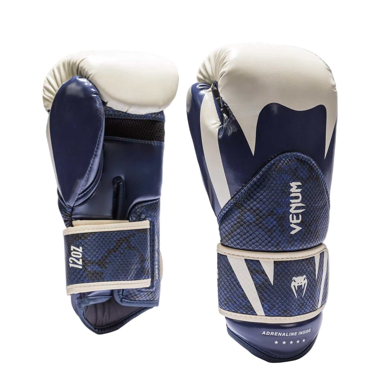 Gants de boxe Venum Challenger 4.0 Scales bleu minuit avec texture écailles et velcro large