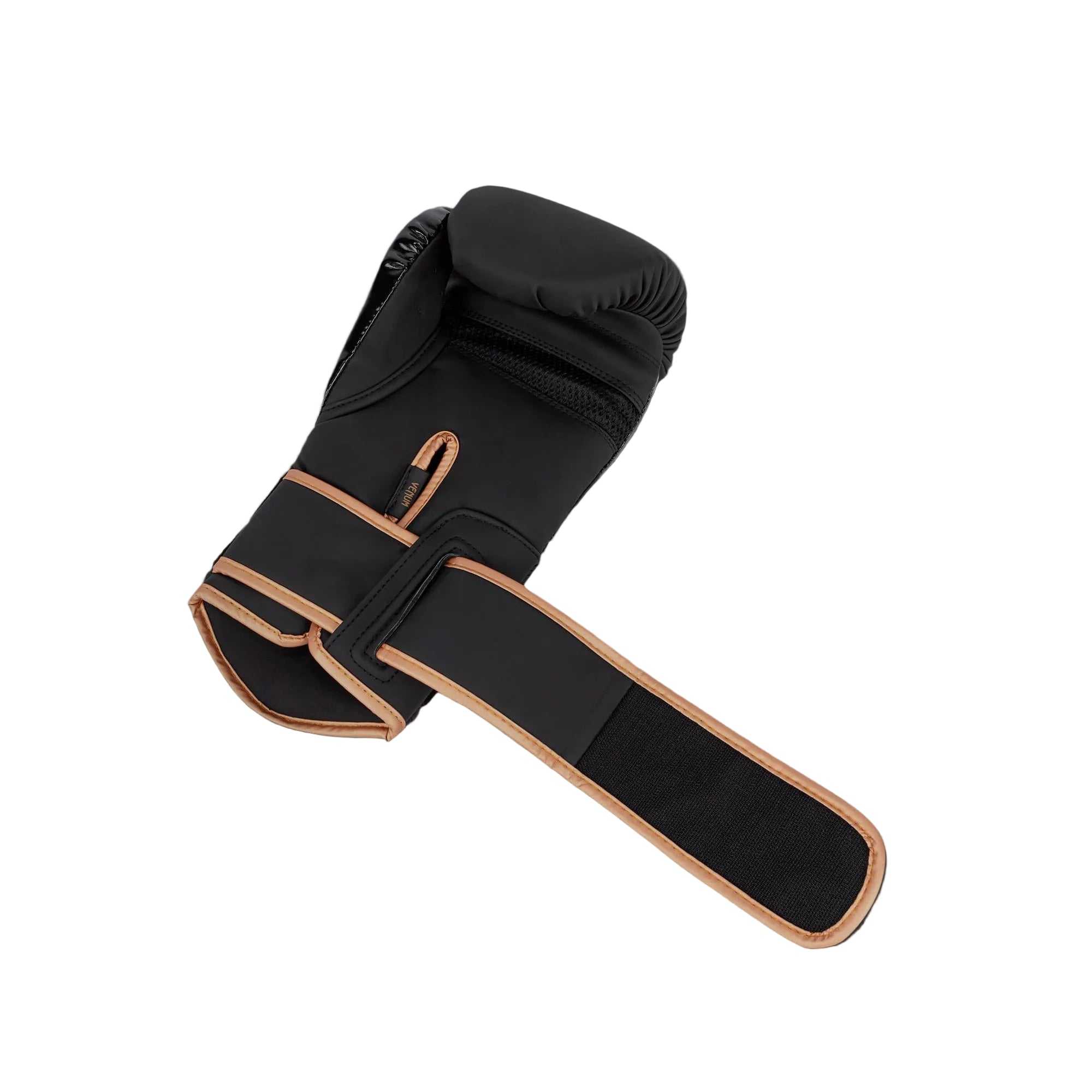 Gants de boxe Venum Challenger 4.0 noir et bronze en cuir synthétique pour boxe, kickboxing et Muay Thaï.