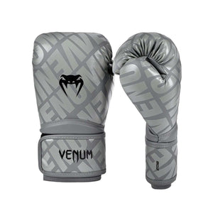 Gants de boxe Venum Contender 1.5 XT gris et noir pour débutants en semi-cuir avec mousse multi-densité et fermeture velcro.