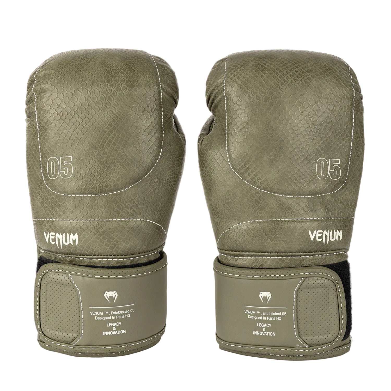 Gants de boxe Venum Impact Evo Scales vert armée en cuir avec mousse triple densité et ventilation optimale
