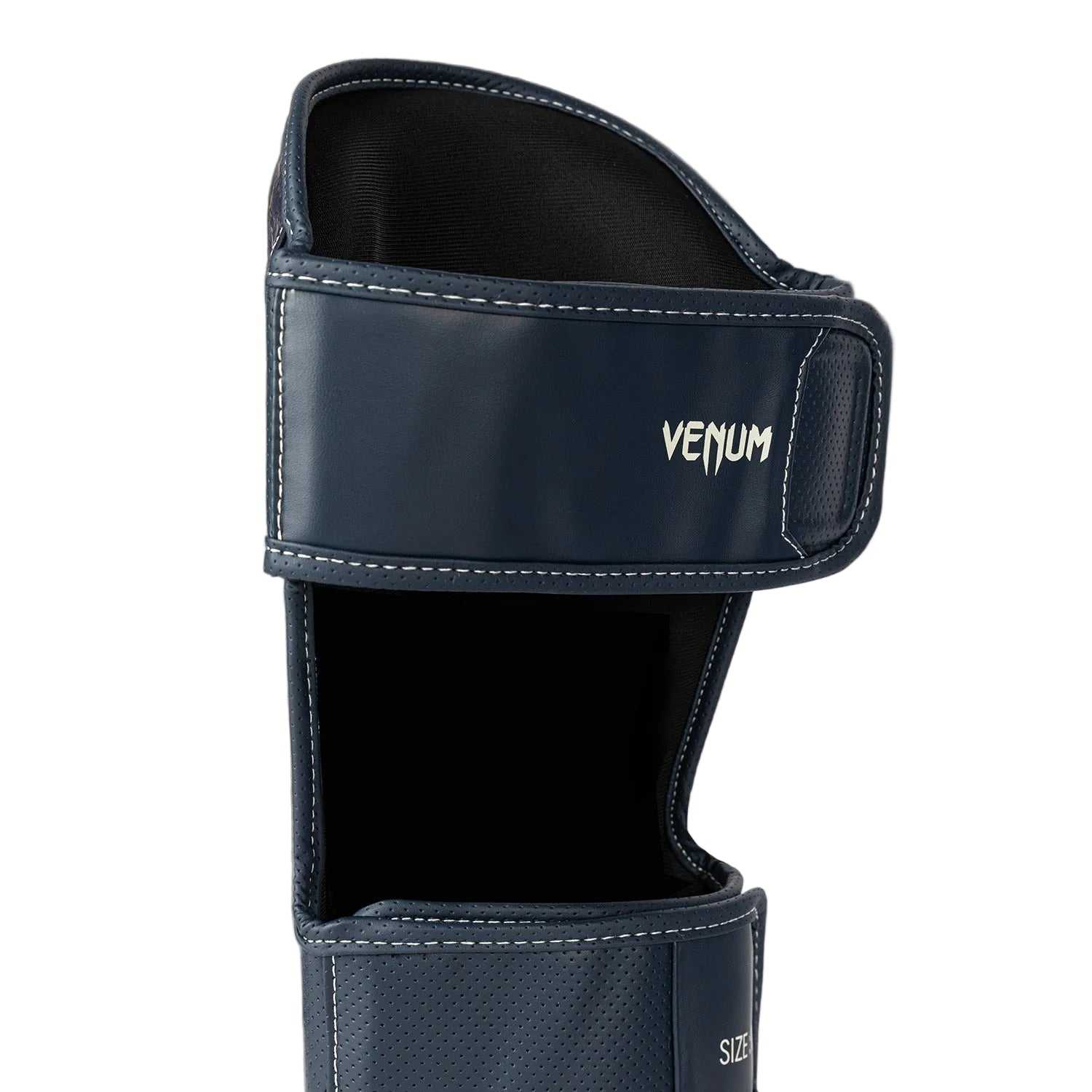 Protège-tibias Venum Impact Evo Scales bleu minuit en cuir Skintex pour boxe thaï et MMA