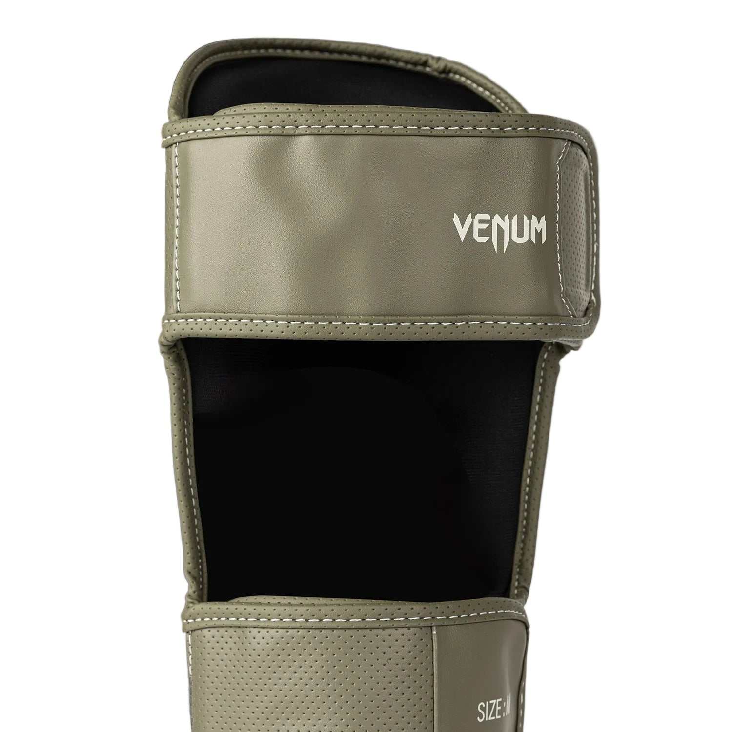 Protège-tibias Venum Impact Evo Scales vert armée en cuir Skintex pour Muay Thaï, kickboxing et MMA
