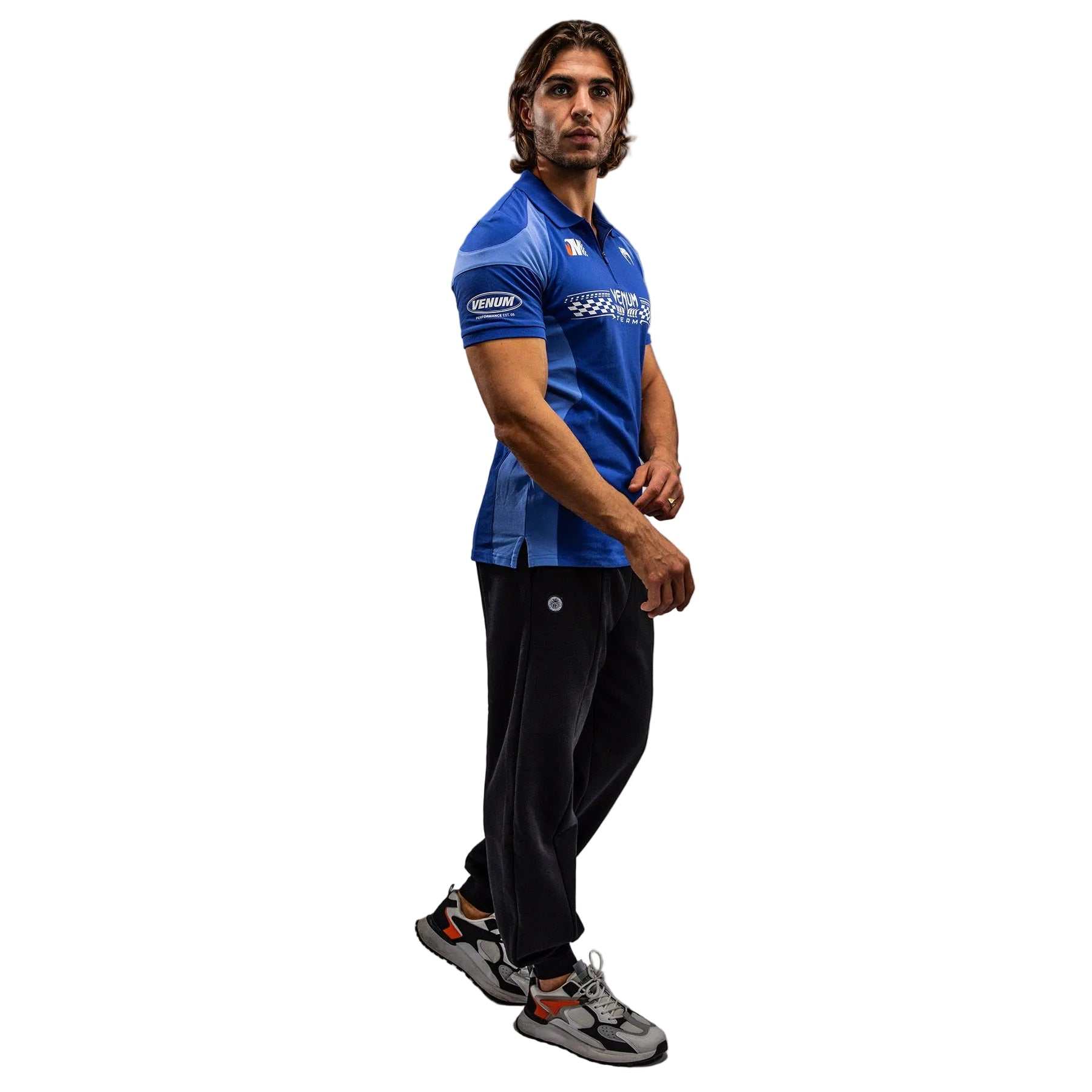 Polo Venum Motorsport bleu royal en coton à col zippé et patchs sportifs