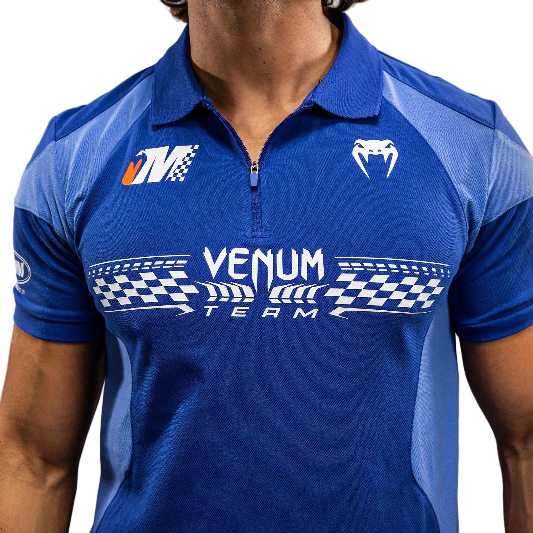 Polo Venum Motorsport en coton bleu royal manches courtes col zippé avec patchs motorsport