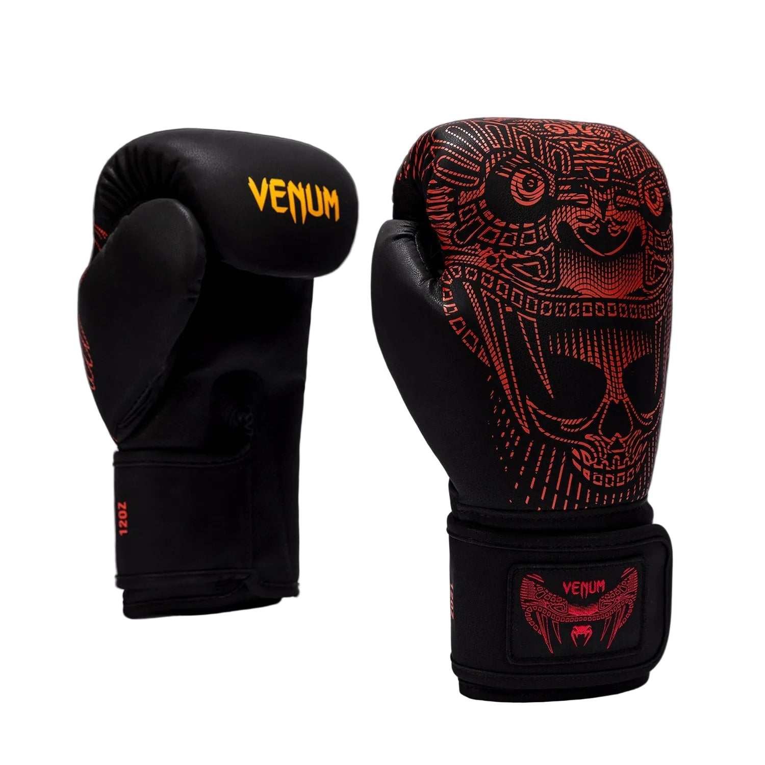 Gants de boxe Venum Quetzal Fury noirs, rouges et mandarines avec mousse triple densité et velcro ajustable pour boxe, kickboxing et Muay Thaï