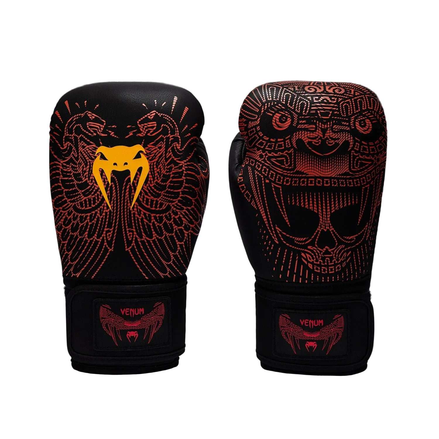 Gants de boxe Venum Quetzal Fury noir rouge mandarine avec mousse triple densité et velcro ajustable
