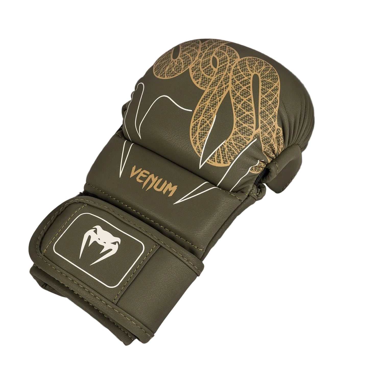 Gants de MMA Venum Serpenti kaki bronze ivoire pour sparring et grappling avec paume ouverte et rembourrage mousse haute densité