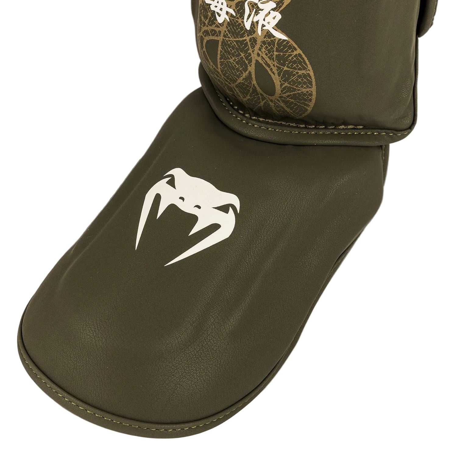 Protège-tibias Venum Serpenti kaki bronze ivoire en cuir PU pour arts martiaux combat Muay Thaï kickboxing MMA