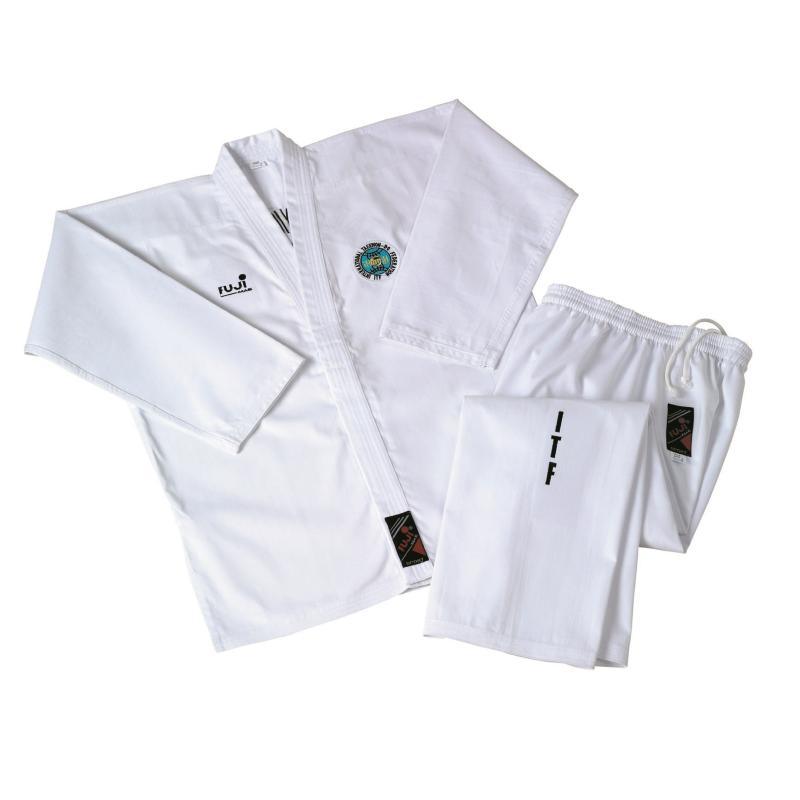 Dobok de taekwondo ITF FUJIMAE blanc à col blanc, veste et pantalon